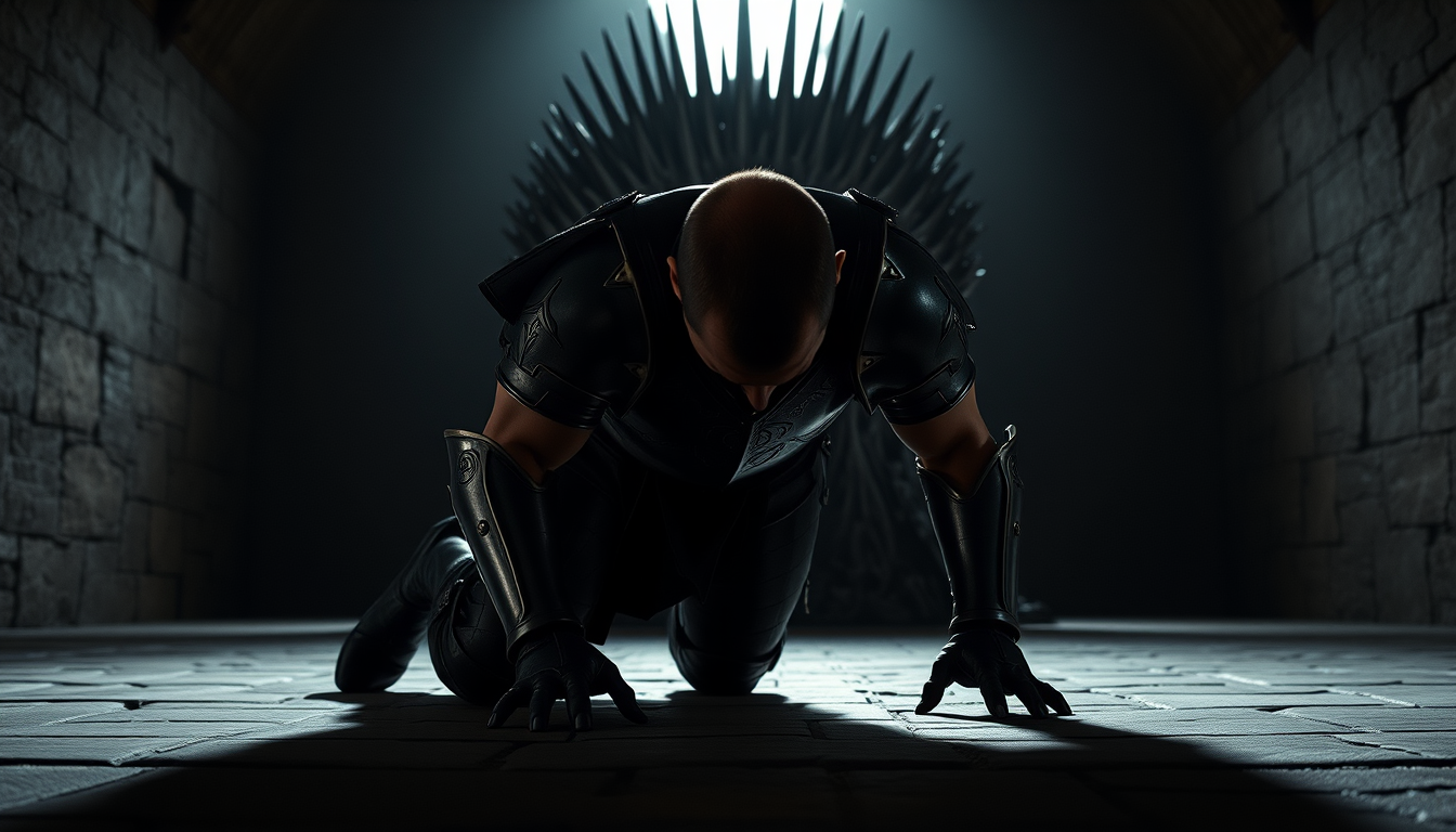 Subject: A handsome and muscular king in full plate armor, positioned on all fours facing the Iron Throne (which is to the back of the shot and not the focus), his head bowed to the ground in prayer.  
Lighting: Dramatic chiaroscuro lighting, with a single light source illuminating the king from behind, casting long shadows that stretch towards the Iron Throne. The scene should have an overall somber and reverent mood.  
Background: The Iron Throne should be slightly out of focus in the background, hinting at its presence and power but not distracting from the king in the foreground. The setting should be a dimly lit, vast hall with stone walls and high, vaulted ceilings, conveying the grandeur and solemnity of the location.  
Details: The king's armor should be highly detailed, showcasing the craftsmanship of the era, with intricate engravings and perhaps some battle damage to hint at his experiences. Focus on the texture of the cold, hard metal against the rough stone floor.  
Composition: The camera angle should be low, looking up at the king to emphasize his vulnerability and submission despite his powerful physique and position.  
Overall Style: Aim for a hyperrealistic, cinematic style, reminiscent of historical epics. The image should feel grounded and authentic, capturing the weight and texture of the scene. - Image