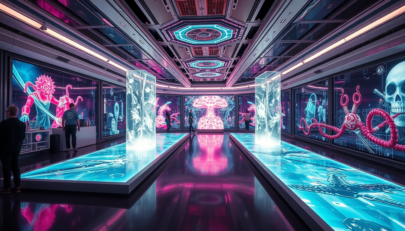 A futuristic room filled with interactive digital art, with holographic displays and immersive light installations.