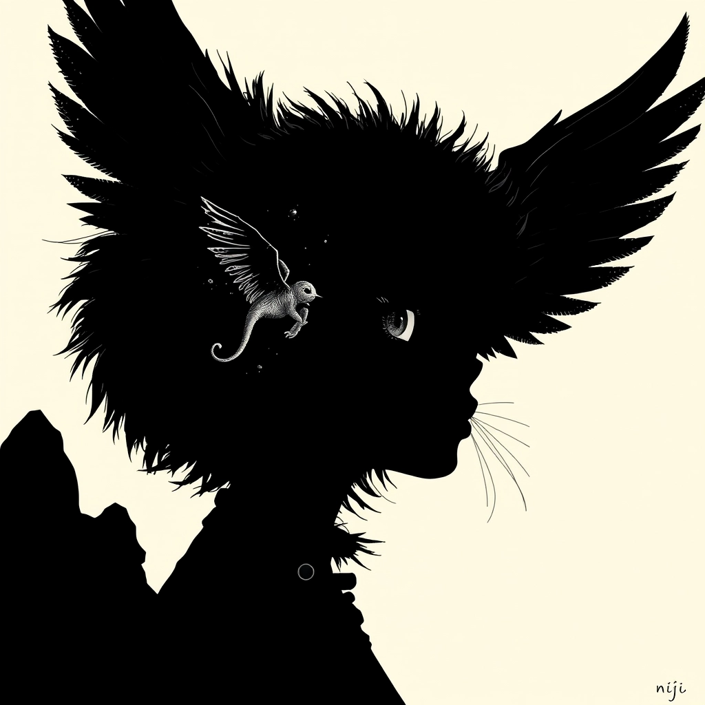 Niji beauty silhouette Fashionista girl with a tiny super cute fuzzy fluffy creature big eye with wings, inspired by Pomeranian spitz cute, perspective pop rock fluo collage scifi steampunk machinery extra dust particle cloud octane render and paper art ink art Melies, Jules Verne, from hell, burning mountain, sad human climbing the sky, poetic love, 2D minimalist, halftone process.