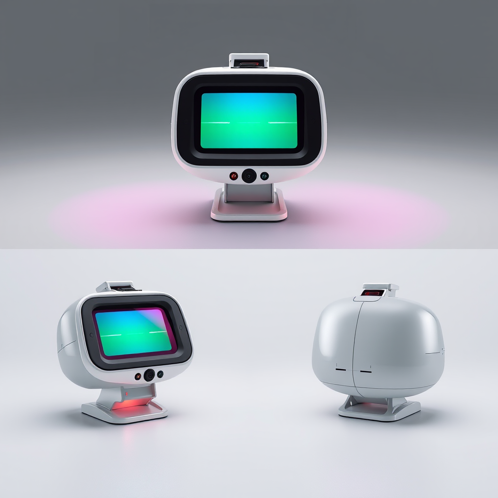 A creative flight monitor rendering, 3D modeling, industrial product design, different angles, three views, front, side, bottom, eye-catching colors, glowing aperture, 3D rendering, blender rendering, UE5 rendering, modeling, metallic shine, simple and smooth modeling, excellent clarity, the best quality of the image.