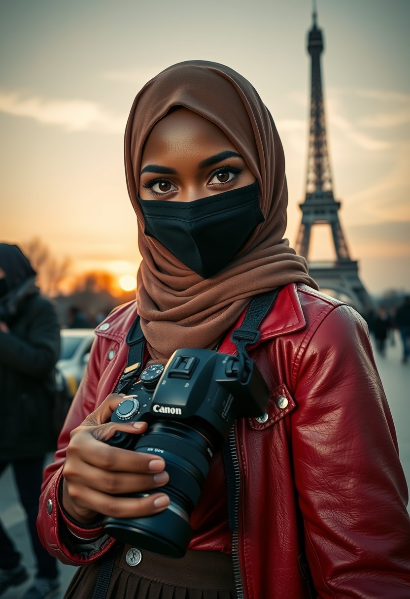 Biggest soft chocolate hijab Muslim girl, beautiful eyes, black face mask, red leather jacket, biggest skirt, holding Canon DSLR camera, sunrise, morning scenery, Eiffel Tower, hyper-realistic, street photography. - Image