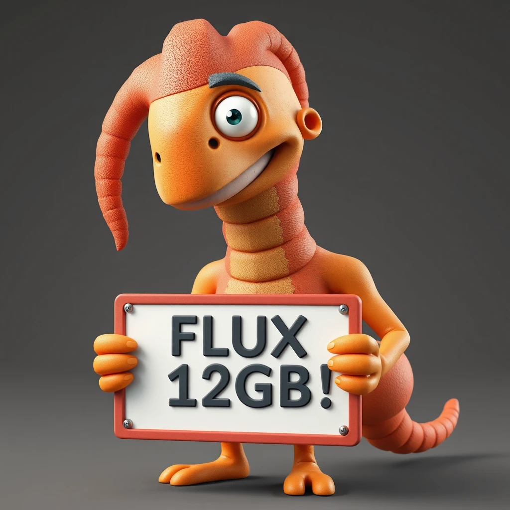 3d render, masterpiece, a cartoon grap with human features holds a sign with text: "FLUX 12GB!"