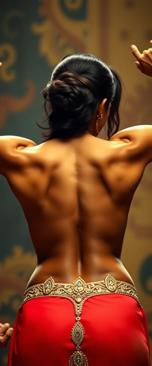 Muscular back view of a highly beautiful tall muscular Indian-Korean belly dancer, close-up DSLR mirrorless photo. - Image