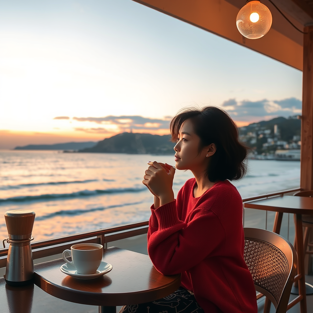 ☕ **Sunset Coffee**: "Korean woman at seaside café, aromatic coffee, watching the sunset, sea and sky merging, tranquility, photorealistic style" - Image