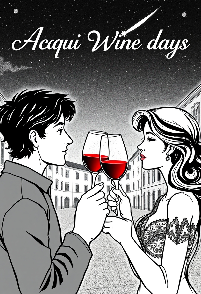 Art nouveau mixed manga style image, in black and white, of a couple toasting with a glass of wine in a stemmed glass. It is night, there are stars including a comet. The wine is colored red. In the background, an Italian square, in perspective. At the top, in the center of the image, there is the writing "Acqui Wine days" in art nouveau characters.