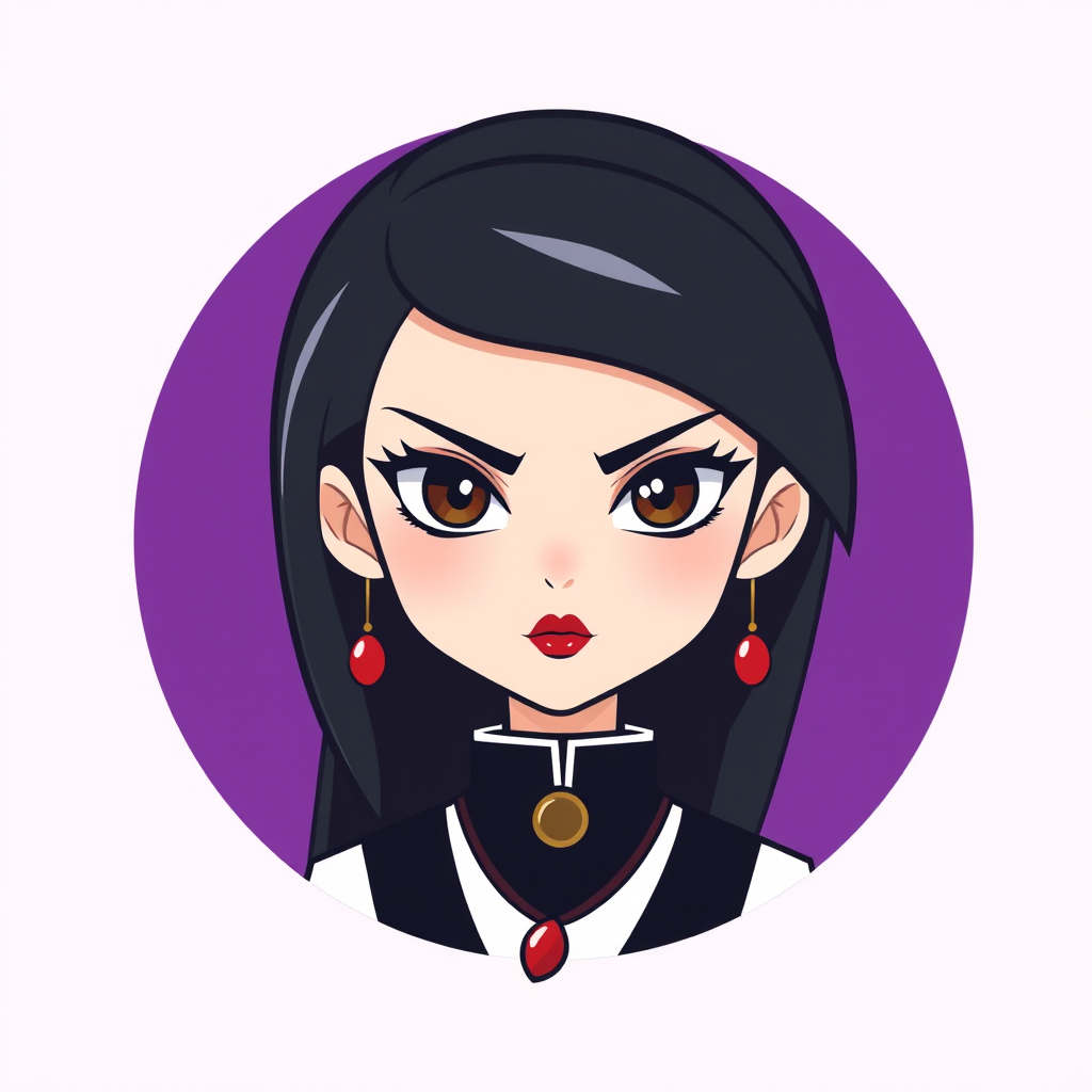 A basic simple vector logo of a beautiful female character with hazel brown eyes, long, dark black hair, wearing a black and white outfit with a red pendant necklace, and serious face with red lipstick, on a purple background. - Image