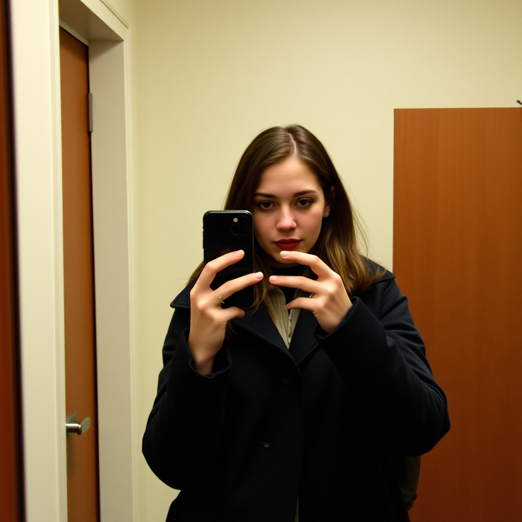 A woman in a jacket taking a mirror selfie with an iPhone, low-quality photo. - Image