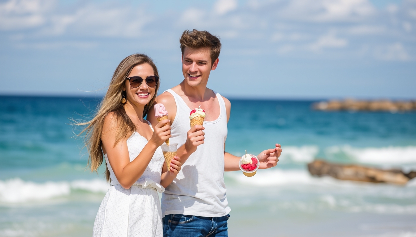 Beachside delight with a young couple and their ice cream - Image