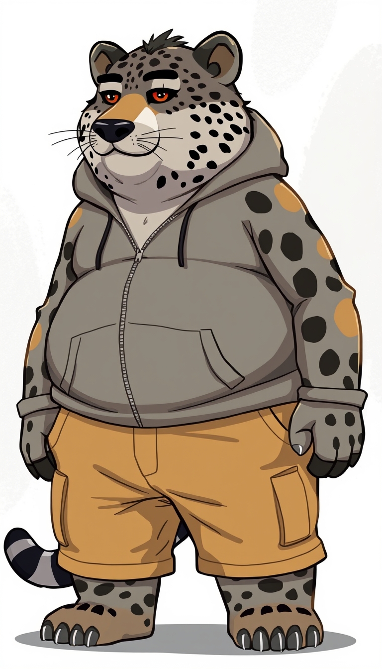 quarter view, anthropomorphic obese gray bear leopard hybrid, blended features. gray and black fur with tan and white fur markings. he has a heavyset body. wide fat bottom. fat wide double chins. tan cargo pants and zip-up hoodie. full body. uncropped. fluffy fur. abstract background digital art, cartoon.