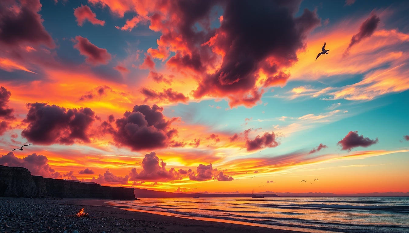 Dramatic, fiery sunset, colorful clouds, silhouettes, high quality, photorealistic, tranquil, evening sky, reflection, serene, breathtaking::0.7 sailboats, beachside bonfires, coastal cliffs, seashells, peaceful waves, seagulls.