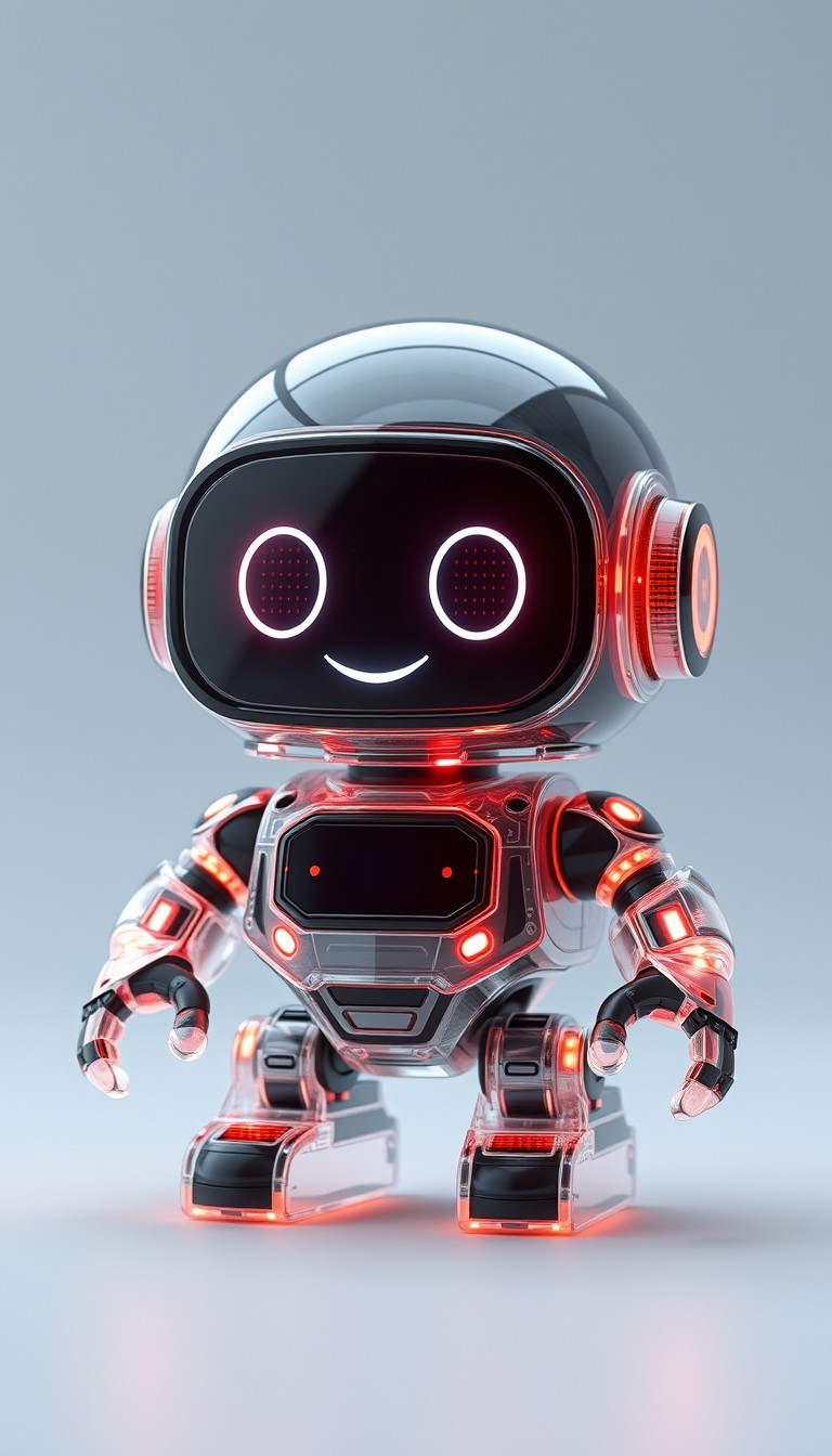 Cute aesthetic, a tiny cute translucent polycarbonate robot with an LED screen face, emoticon, stunning unreal engine render, intricate details. - Image