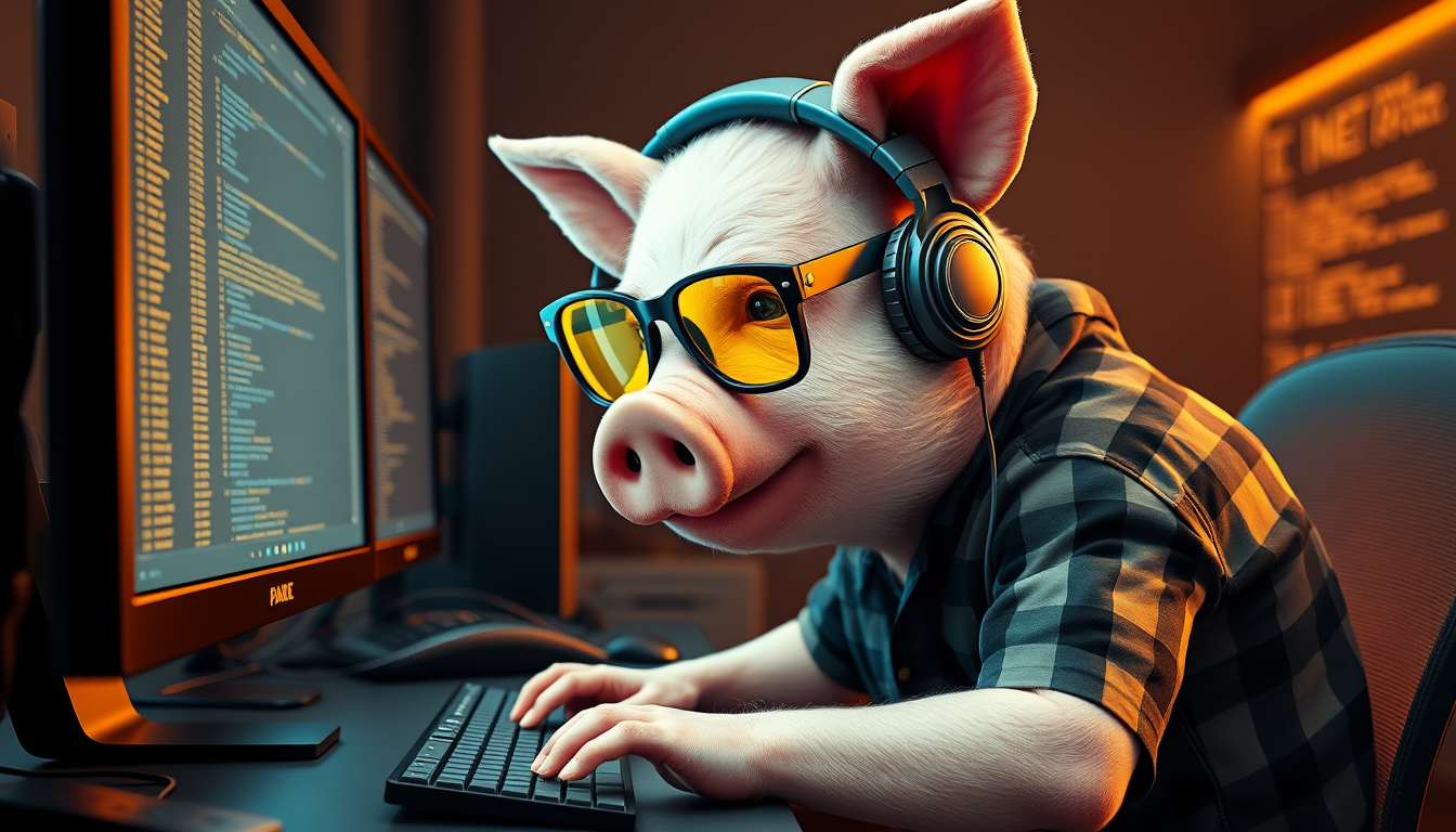 A tech-savvy pig coder, wearing yellow-tinted glasses and sleek noise-cancelling headphones, hunches over a cutting-edge multi-monitor setup. The anthropomorphic pig exudes focus, typing furiously. Wearing a plaid t-shirt, facing forward.