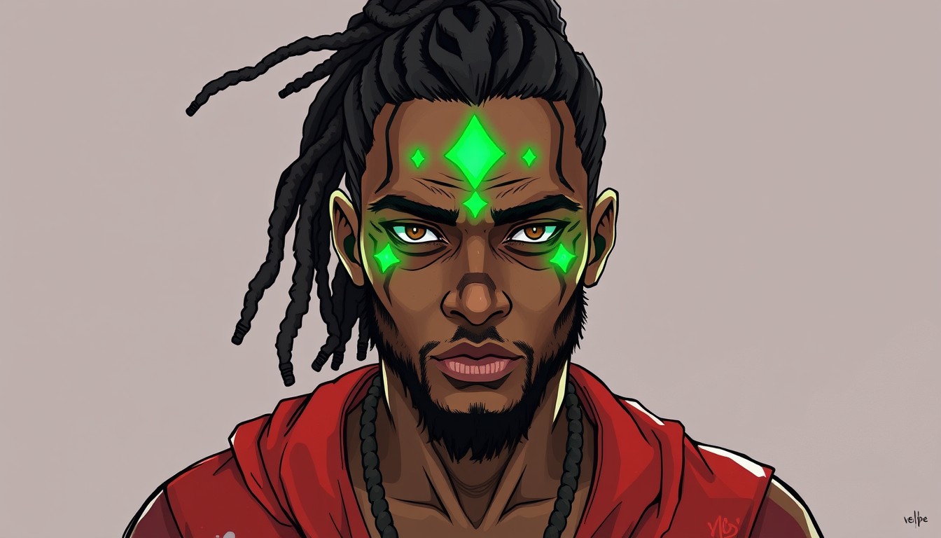 A guy with dreadlocks in a ponytail, ancient green strong glowing signs on his face, art, procreate, front view, hand-drawn, illustrated art --v 5.0 - @eilonpe (fast)