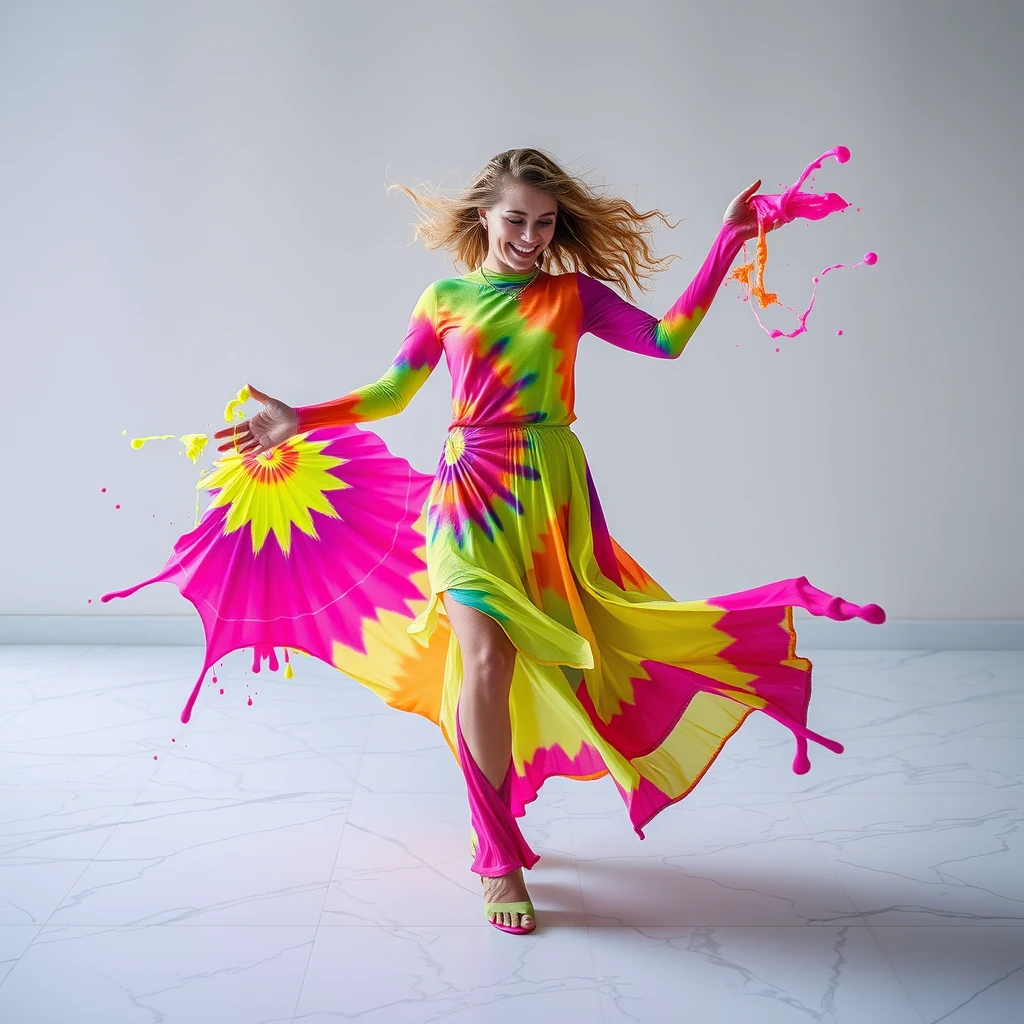 Create a photorealistic image of a woman made entirely of fluorescent, tie-dye colored paint with beautifully intricate fractal geometric patterns as she dances enthusiastically on a white marble floor. Show splashes of paint in random locations frozen in time with high-speed photography.