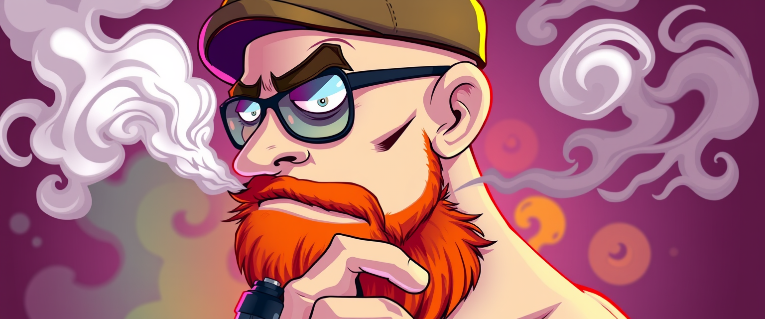 Three-quarter view of a sinister, bald cartoon human male with demonic features. Short ginger beard contrasts with dark eyebrows. Wears a weathered flatcap and reflective aviator glasses. Clutches a sleek vapemod, exhaling dense, swirling vapor clouds. Vibrant, e-liquid drips off his pale skin, creating a colorful aura.