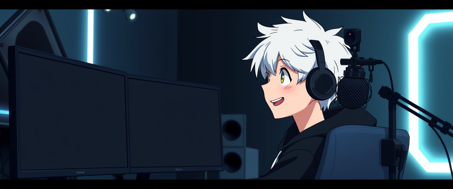 Animated image of a boy with white hair, smiling in a black hoodie, in a gamer setup with bright lights in front, looking at 2 monitors with a black screen in a dark room with few white neon lights, with 1 podcast microphone and 1 camera on top of a monitor to his right. - Image