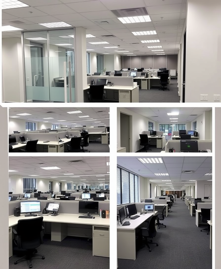 Interior images of offices in the National Prosecutor's Office of Colombia, 23rd floor, located at Carrera 15 #5-80, with 30 workstations.