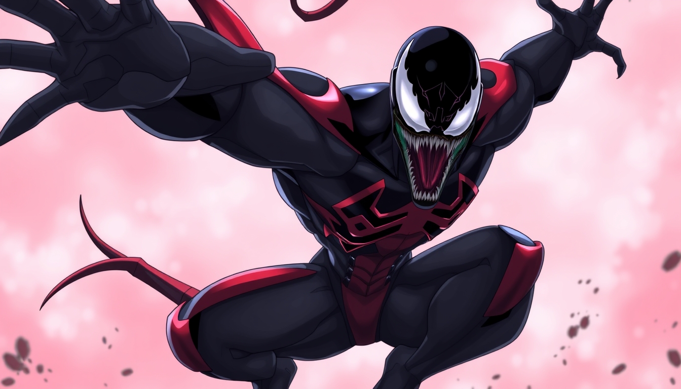 A digital illustration of Venom in the style of anime. He is wearing black and red armor with glowing white eyes. His body has dark grey skin. The background is a pink misty sky. He’s jumping up towards the camera angle in a full figure shot. The art style should be inspired by comic books, with detailed features. The colors should be vibrant and eye-catching. The design should embody elements of chaos, destruction, fear, and power, all rendered in high resolution.