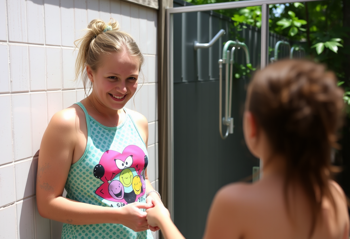 A summer camper impishly helps her counselor get ready so they can both take a post-practice shower.