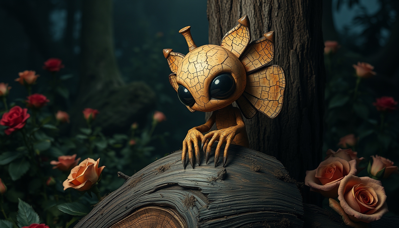 Little cute cracked wood alien void creature, charred, long wooden petals and mud, sitting on top of a log, lush garden, roses, lurking behind tree, ultra large black dot eyes, night scene, backlit, by [Alexander Archipienko, Wendell Castle, Picasso], fantasy art, abstract, surreal.