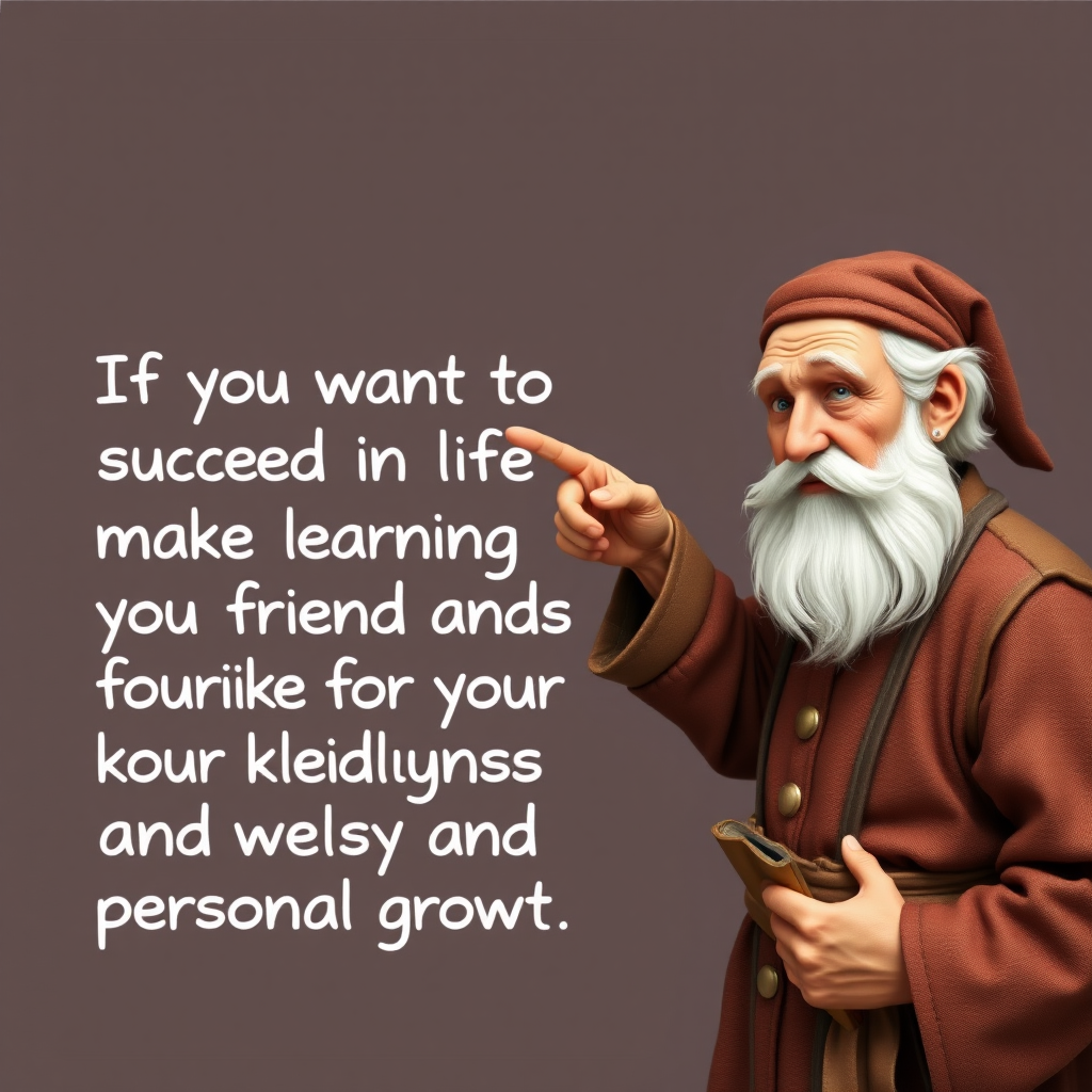 Create an image of an old wise man pointing at a board that writes, "If you want to succeed in life, make learning your friend and always strive for your knowledge and personal growth." - Image