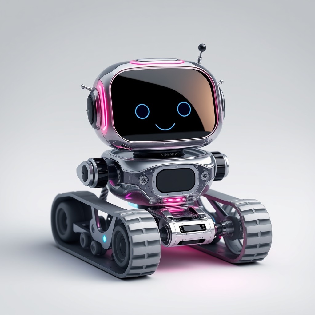 Cute aesthetic, a (small and cute semi-transparent triangular tracked robot) with an LED screen face, emoticon, stunning unreal engine render, intricate details, simple background.