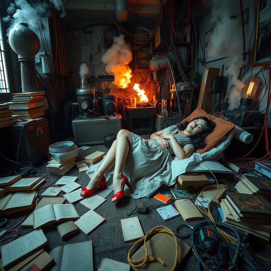 A real-life photograph, wide shot, of a young Japanese woman in a dress and high heels sleeping in a room. The room has some books scattered messily, and many wires of varying thicknesses are on the floor and in the air, including red, blue, yellow, and other colors. Additionally, there are some machines emitting steam and fire. The lighting is dim, and there are some plants. - Image