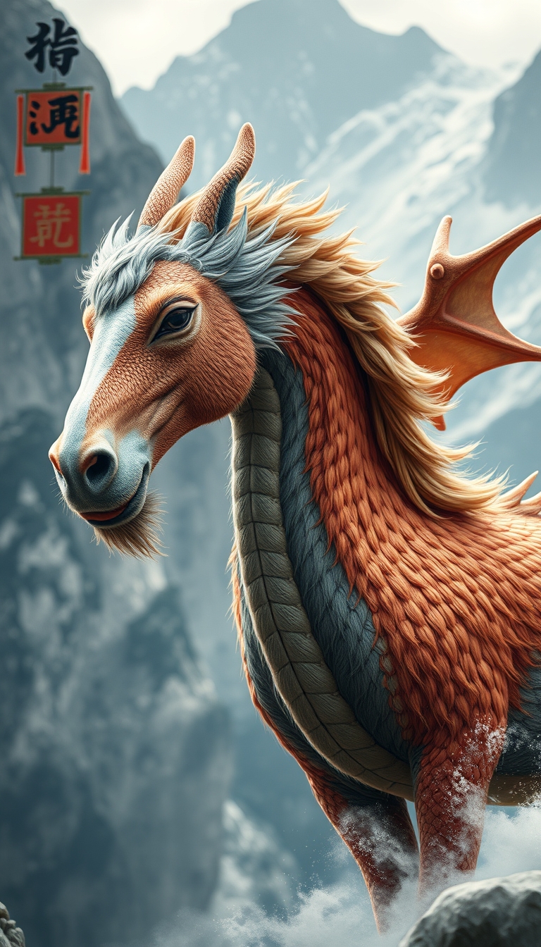 (ultra realistic) an oriental dragon combined with a hairy horse body, in a mountain background of China.