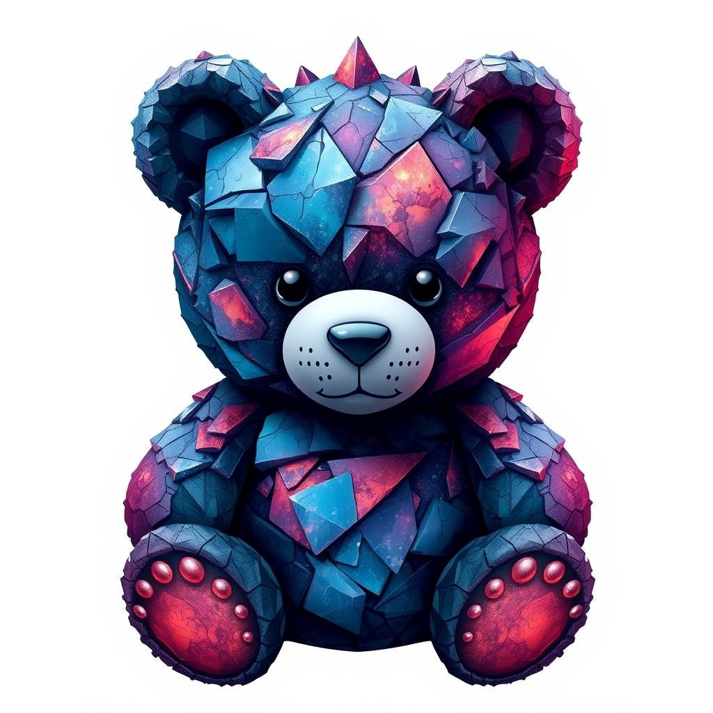 A tee shirt design of a teddy bear whose entire body, ears, and head are perfectly made of a beautiful jagged mineral that looks reminiscent of the universe with uneven colorful shards sticking out. Striking and beautiful, with deep blues and purples contrasting with vibrant reds and oranges. - Image