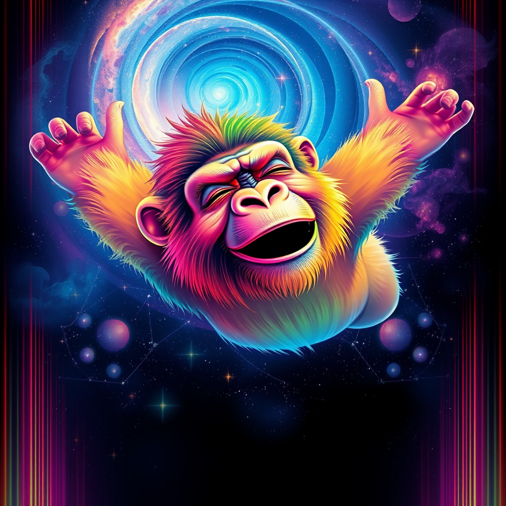 A captivating digital painting of a happy ape soaring through a dreamy, cosmic landscape. The ape sports a vibrant rainbow color palette, with flashes of color interspersed throughout the scene. The background features a starry cosmos with swirling galaxies and nebulas. The ape's eyes are closed, exuding a serene expression, while its serene smile is a testament to its peaceful state. The glitchy edges, fading to black, add a unique and striking touch to the design. The subtle acid rainbow cubic glitch effect adds depth and visual intrigue to this mesmerizing, dreamy tee shirt design.