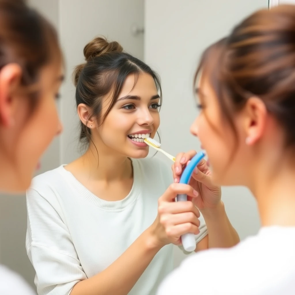 A young woman is brushing her teeth, looking in the mirror.