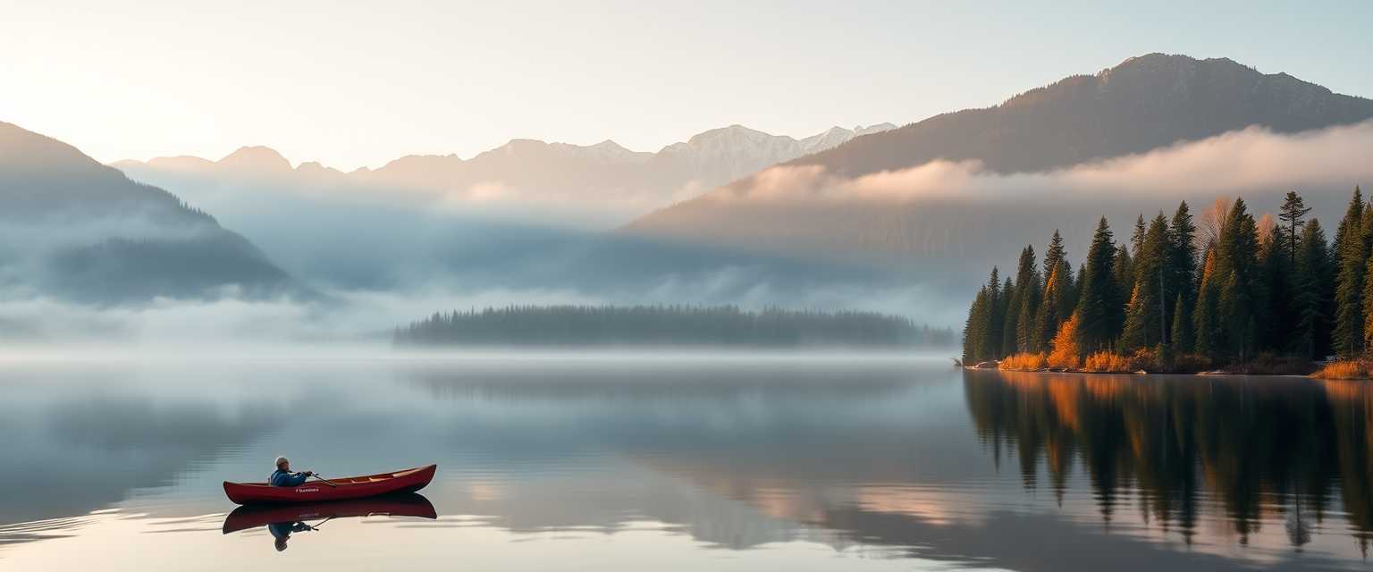 Peaceful, serene lake, mirror-like surface, misty morning, high quality, photorealistic, majestic mountains, pine trees, colorful autumn foliage, reflection, tranquil, secluded, remote, idyllic::0.7 kayaking, canoeing, rowboat, sunrise, sunset