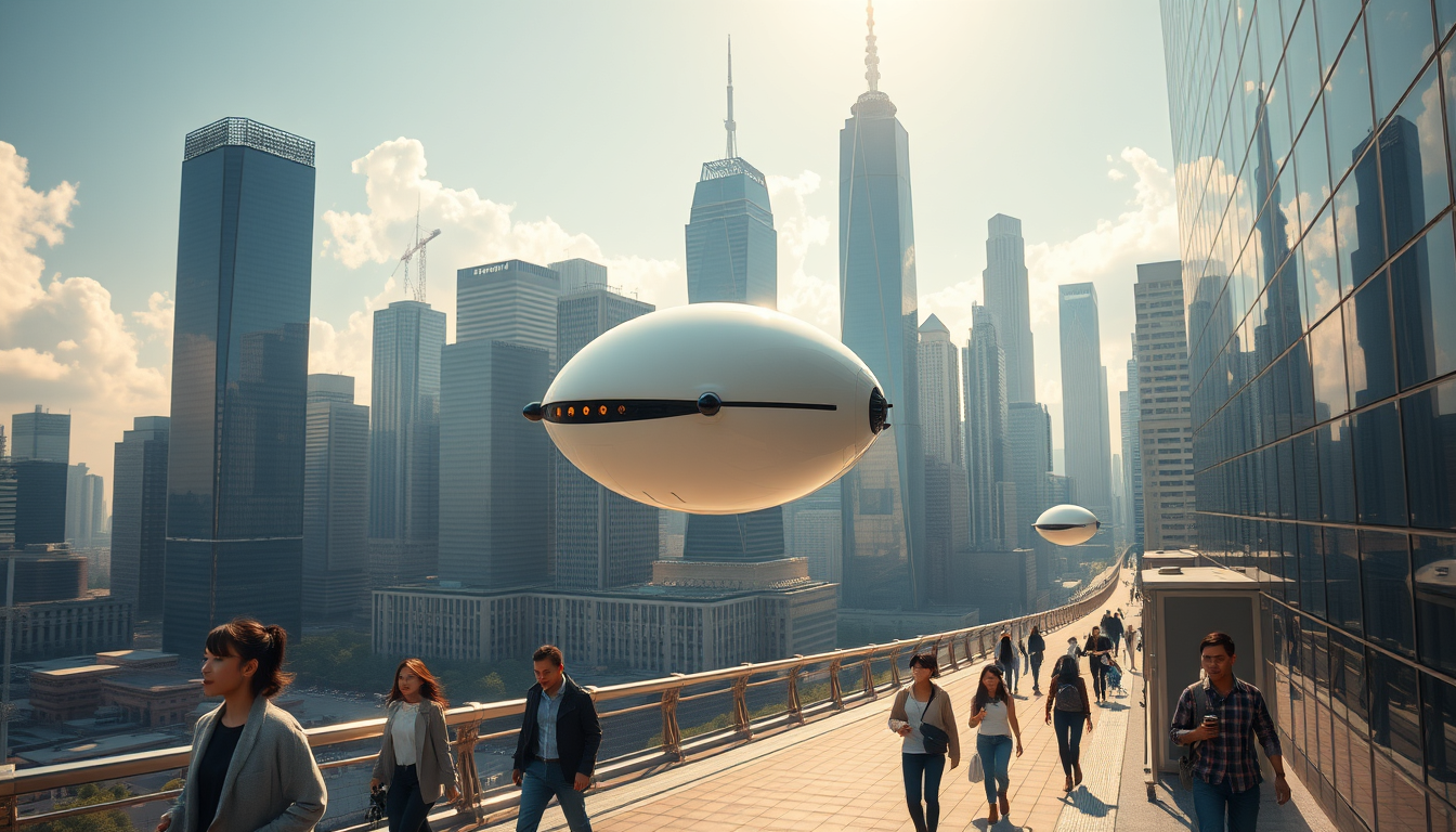 Create a stunning high-resolution image of the city of the future. The skyline should be filled with towering skyscrapers. Include a light-colored oval balloon-type robot flying rapidly through the air with tiny black balancers on either side of the balloon. There are some people walking on the street, with Asian faces, wearing fashionable and avant-garde clothes, creating a laid-back and pleasant atmosphere. The visual focus of the image highlights small balloon-type robots patrolling the air for safety, very beautiful clouds, and sunlight reflecting off the glass surfaces of the buildings, creating an atmosphere of excitement and innovation. Very clear and realistic details, 32K, top view.