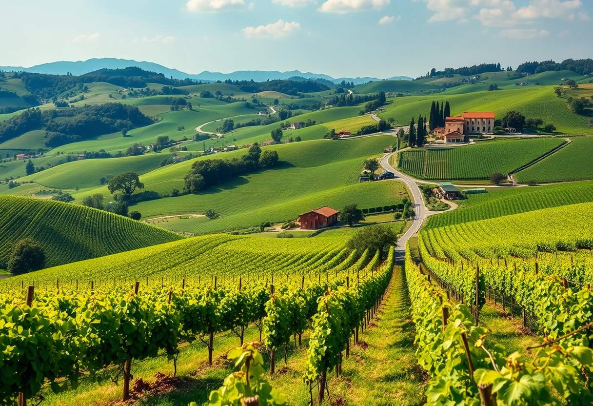 Verdant, rolling vineyards, grapevines, winemaking, high quality, photorealistic, rustic charm, scenic, harvest season, idyllic, countryside, panoramic, breathtaking::1.2 wine cellars, barrel aging, wine tasting, picturesque, countryside villas, grape harvest, winding roads. - Image