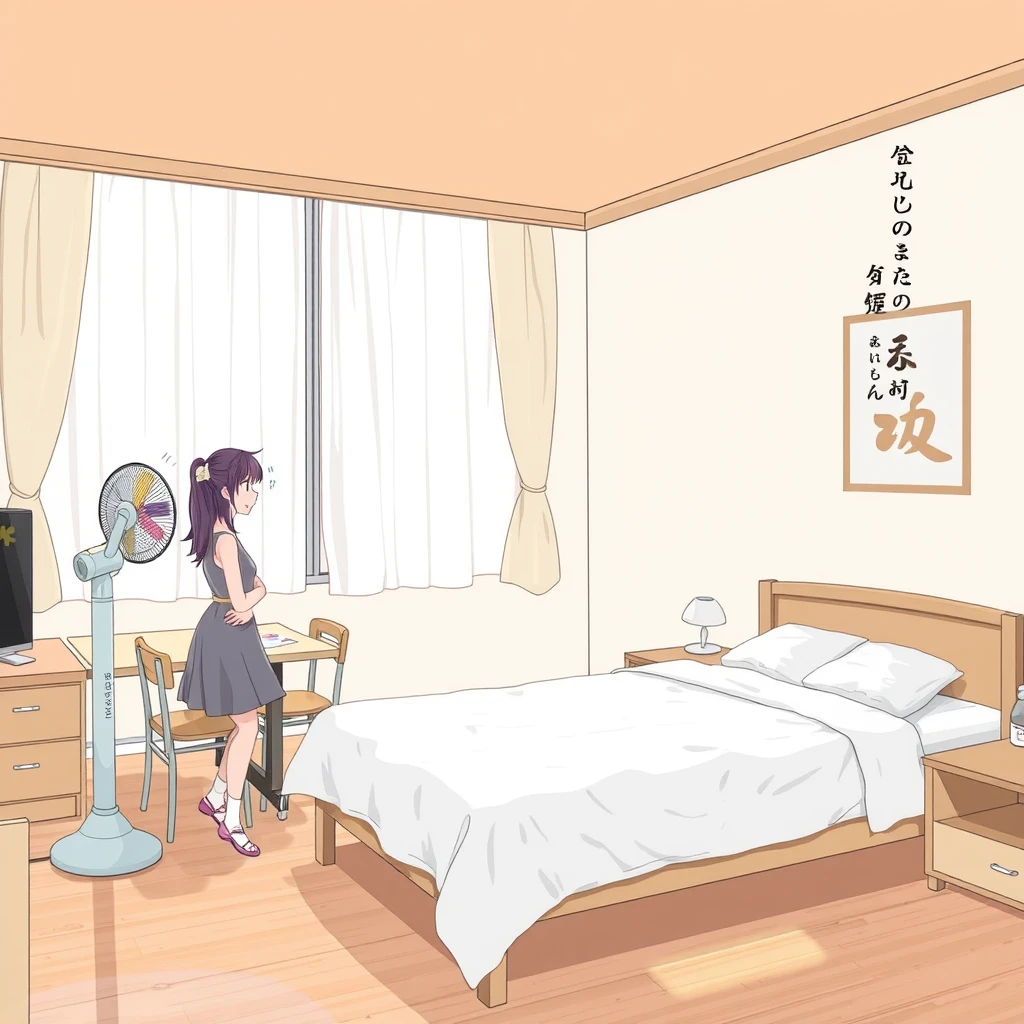 In the room, there is a bed, and a table and chairs. The room is very large, and two girls are chatting. They are wearing dresses; it's summer, and it’s very hot. They are sweating, and there is a fan. Additionally, there are Chinese characters or Japanese.