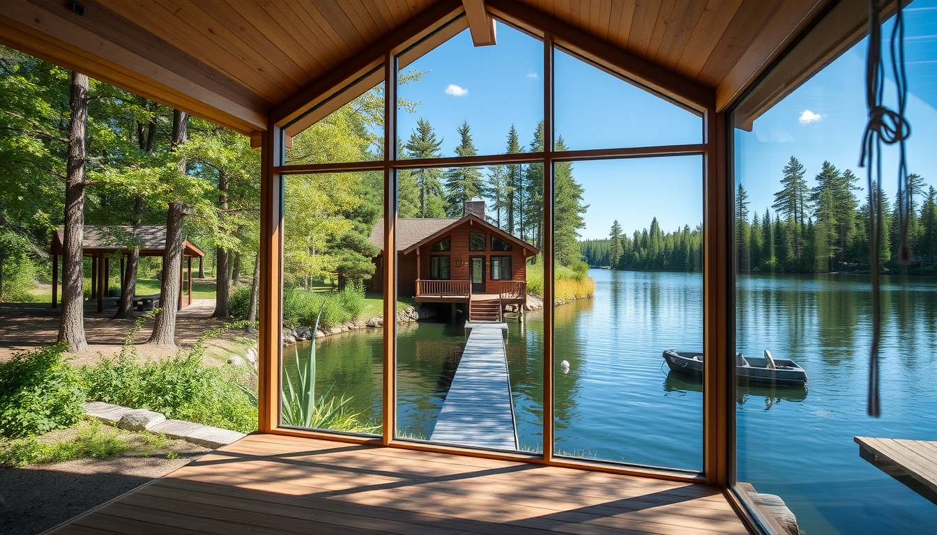 A serene lakeside cabin with a glass front, offering an unobstructed view of the water. - Image