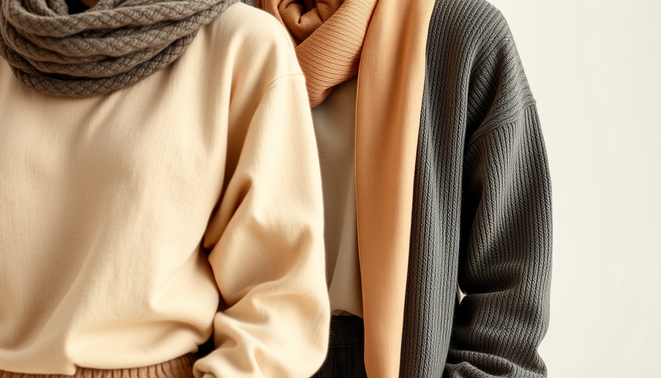 A close-up of eco-friendly clothing items, showcasing organic fabrics, neutral tones, and earthy textures, styled against a clean background. - Image