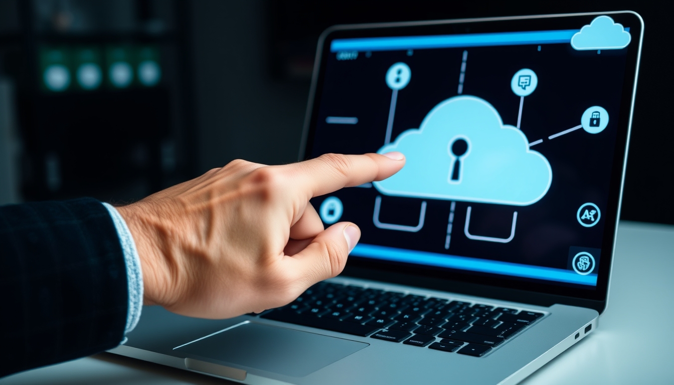 Secure Business Cloud Solutions Concept - Hand Pointing at Data Interface on Laptop Screen with Cloud Icons for Online Storage