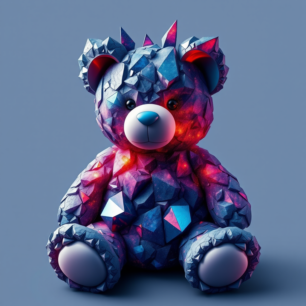 A tee shirt design of a teddy bear whose entire body, ears, and head are perfectly made of a beautiful jagged mineral that looks reminiscent of the universe with uneven colorful shards sticking out. Striking and beautiful, with deep blues and purples contrasting with vibrant reds and orange.