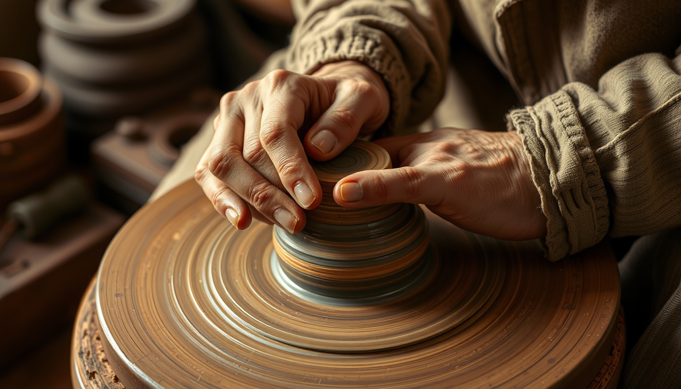 A close-up of a craftsman's hands meticulously shaping a piece of pottery on a spinning wheel, with earthy tones and rich textures.