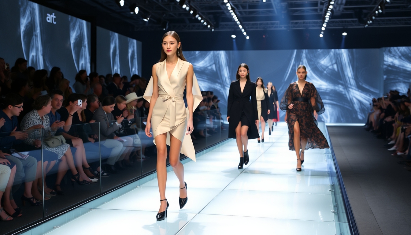 A high-end fashion show with models walking down a glass runway.