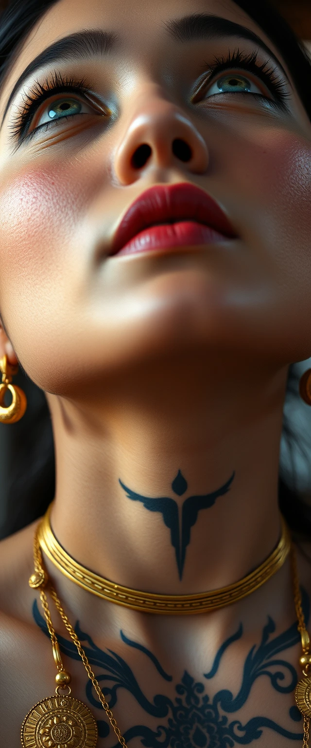 Close-up view of the tattooed neck of a Korean-Indian woman with white skin and beautiful facial features, blue eyes, wearing gold ornaments, looking up. - Image