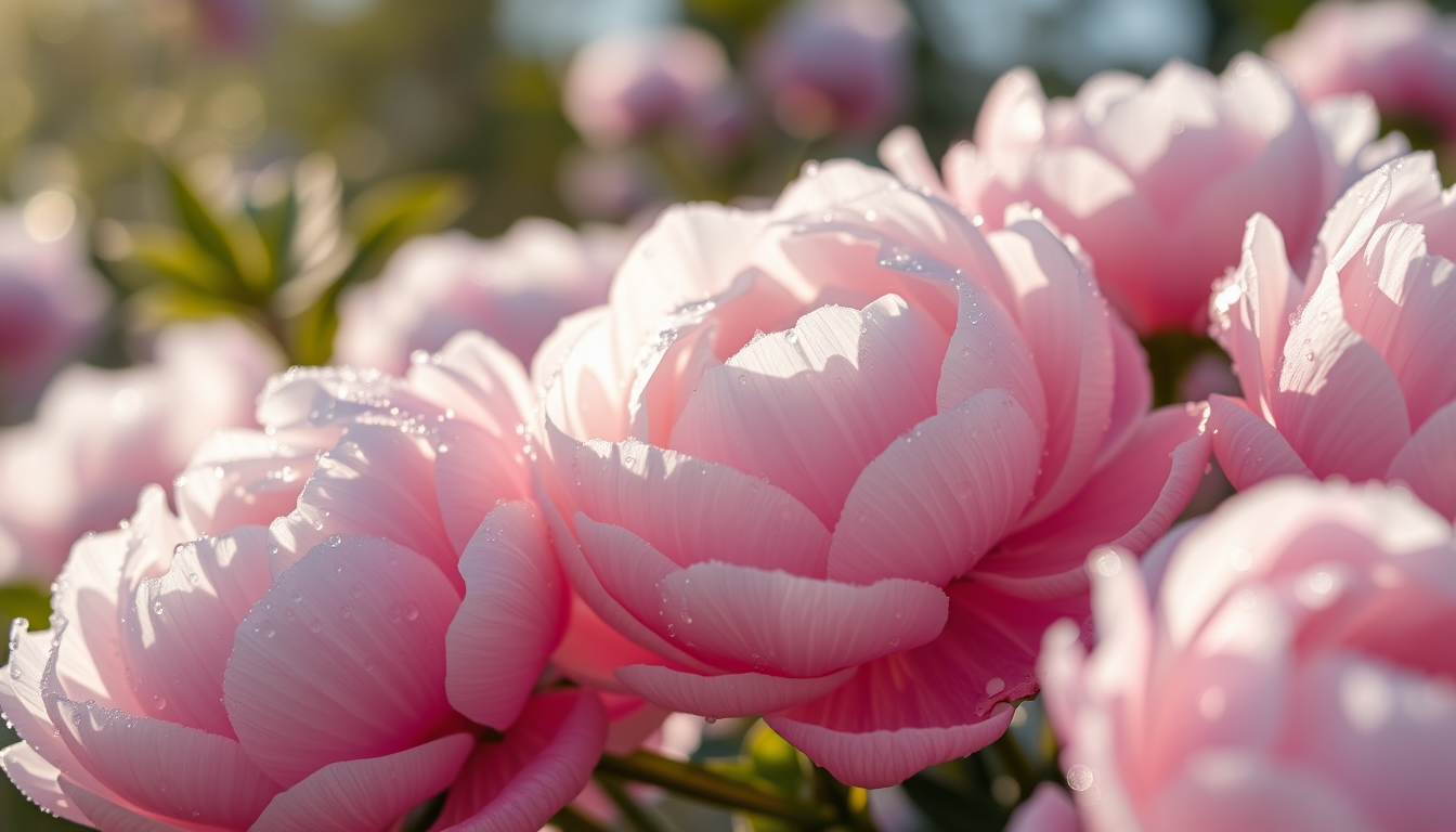 Delicate peony flowers covered with sparkling dew in the sun, stunning wallpaper design that reveals the beauty of flowers in a 3D image.