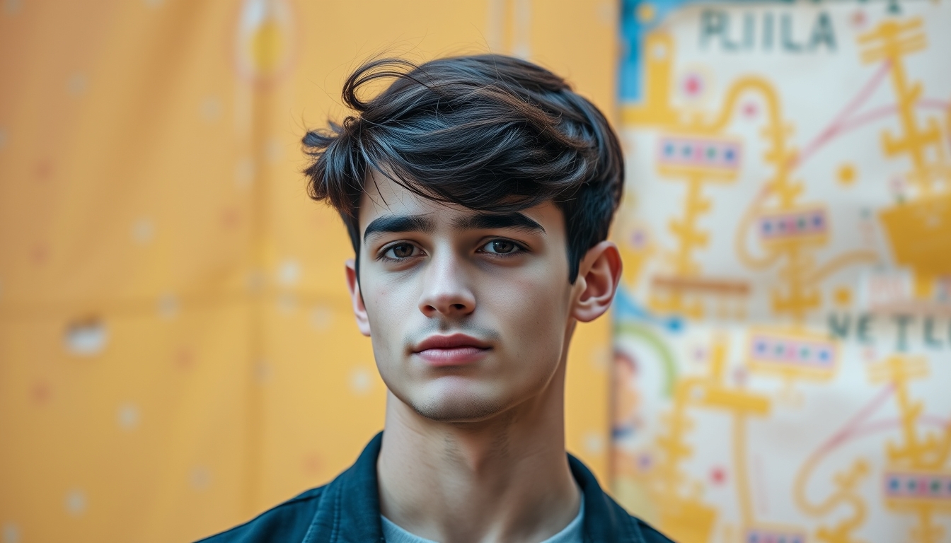 Photo portrait of a pretty young male with a smart look, empty and isolated on a colorful background, 8k UHD, high detail. - Image