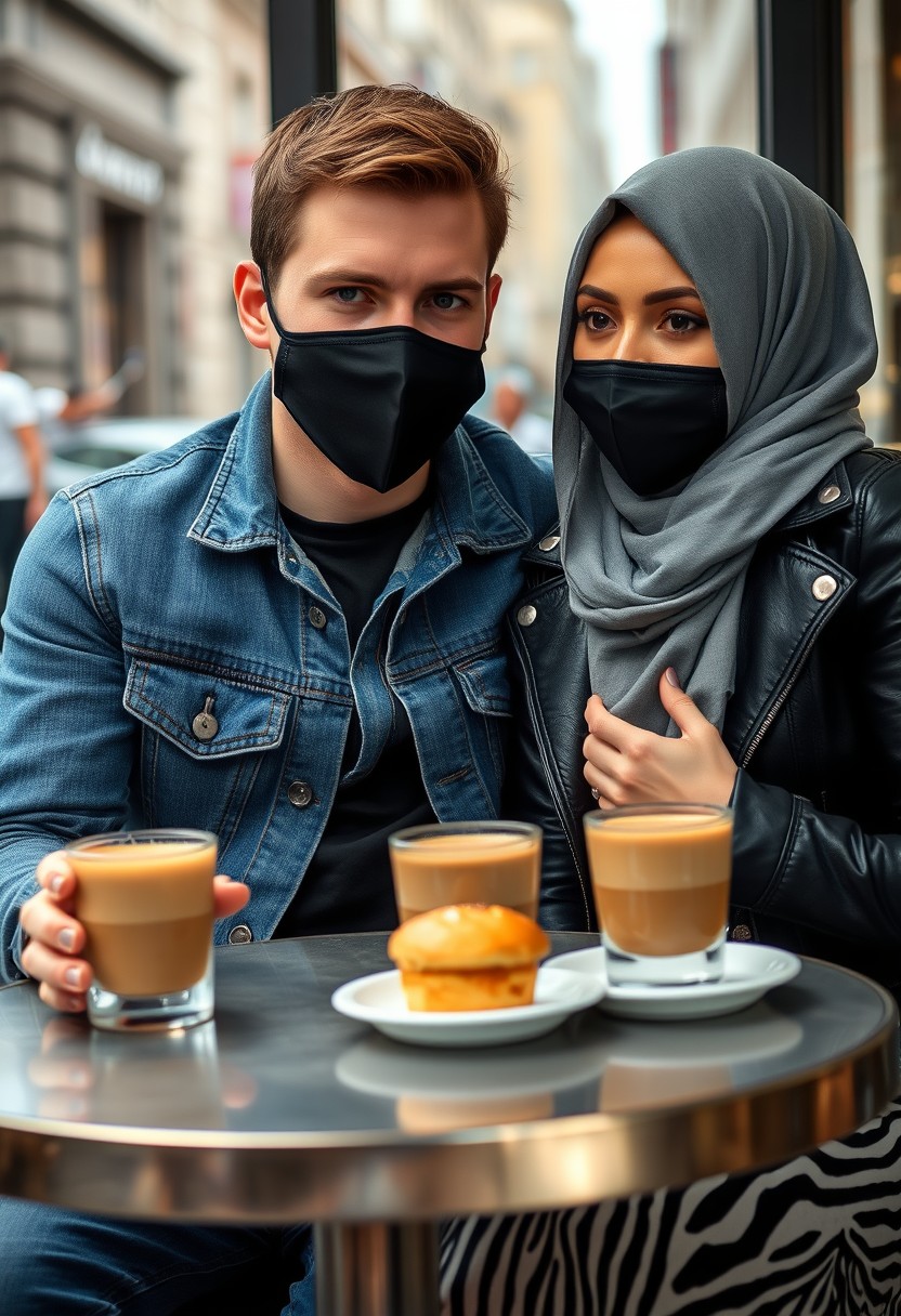 Jamie Dornan's head and body shot, handsome, face mask black, blue jeans jacket, jeans, dating love with grey hijab Muslim girl, beautiful eyes, face mask black, black leather jacket, biggest zebra pattern skirt, at café, 2 cups of latte, muffin cake on a table, photorealistic, hyper realistic, street photography, selfie. - Image