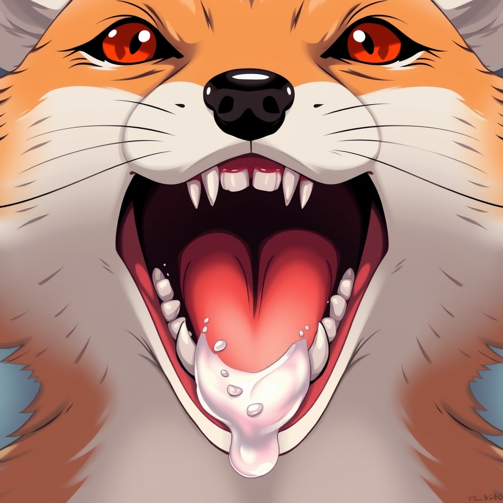 Anime style, fox anthropomorphism, depict the details of the fox's mouth, throat details, the throat area should be bright, details of the teeth, details of saliva, the entire mouth is filled with it. - Image