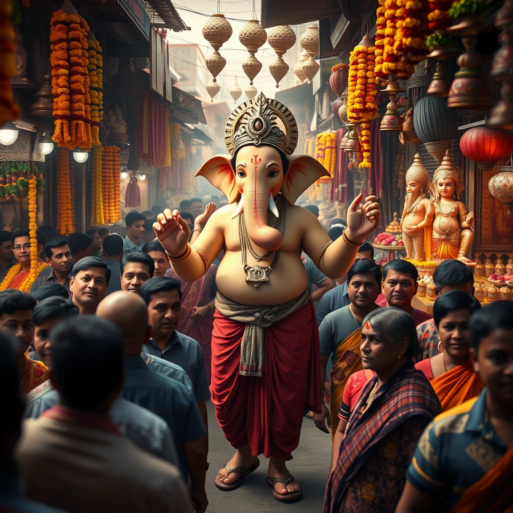 Create a 4K image using Unreal Engine, depicting Lord Ganesha as a real human god in the midst of a dense, bustling Indian market. Ganesha should be the same height as the surrounding people, blending seamlessly into the crowd, yet his divine presence subtly stands out. He is dressed in a blend of traditional dhoti and modern attire, with his human-like features reflecting a calm and joyful demeanor.

The market is alive with vibrant stalls selling marigold garlands, clay idols, sweets, and colorful decorations. The air carries a hint of dust, adding a layer of realism to the scene. People around him are frozen in a moment of surprise and awe, some smiling, others wide-eyed as they recognize the god among them. The vibrant colors of the market, the rich textures, and the interplay of light and shadow should be rendered in stunning detail, capturing the essence of an authentic Indian market with a touch of the divine.

Include subtle details like Ganesha reaching out for fresh flowers, examining the finest modaks, while the vendors and shoppers are caught off guard, their expressions a mix of reverence and disbelief. The overall atmosphere should be a blend of the divine and the everyday, creating a captivating and immersive scene. people looking at ganesha, night view, ganesha has four hands, lots of orange lights. - Image