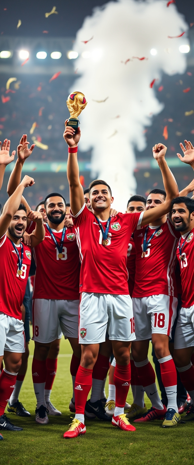 Create a picture of the Lebanon football team celebrating winning the World Cup with their star, a wonderkid that looks like Ronaldo with Middle Eastern features, centering the picture and winning the MVP award.