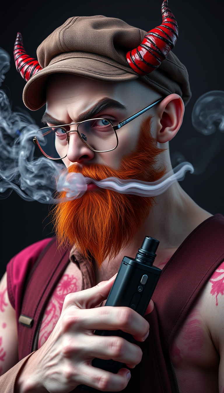 Three-quarter view of a sinister, bald human male with necromancer lich features. Demonic horns, short fiery ginger beard contrasts with dark eyebrows. Wears a weathered flat cap and aviator glasses. Clutches a sleek vape mod, exhaling dense, swirling vapor clouds. Vibrant e-liquid drips off his pale skin, creating a colorful aura.