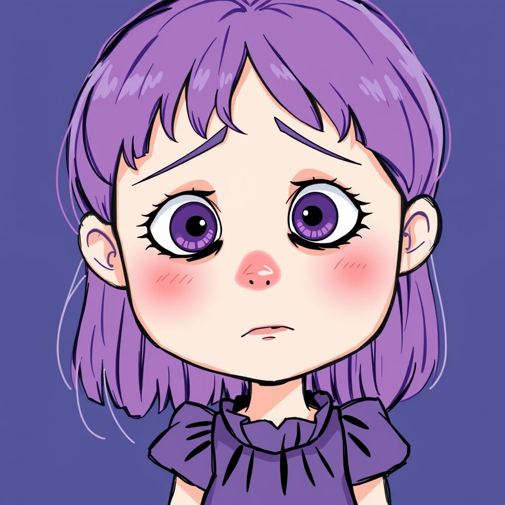 Girl with violet eyes and violet hair in a simple violet dress with confused emotions on her face. - Image